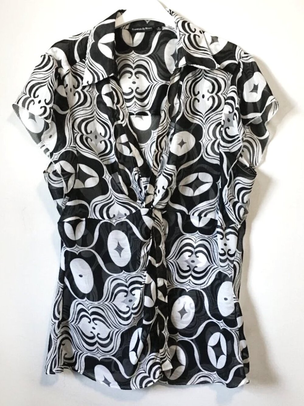 VTG Y2K B&W Ogee Sheer Chiffon Twist Front Top XL Retro Chic